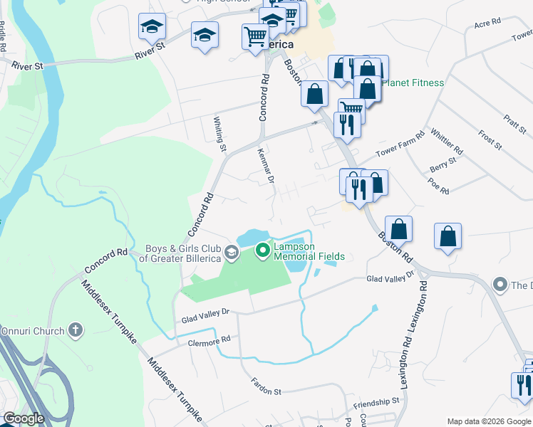 map of restaurants, bars, coffee shops, grocery stores, and more near 15 Kenmar Drive in Billerica