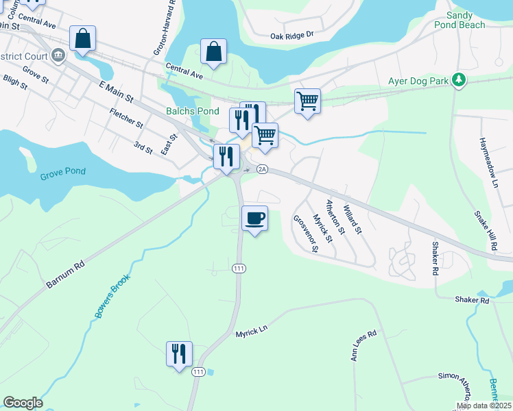 map of restaurants, bars, coffee shops, grocery stores, and more near 9 Markham Circle in Ayer