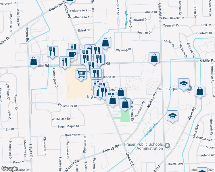 map of restaurants, bars, coffee shops, grocery stores, and more near 34620 Utica Road in Fraser
