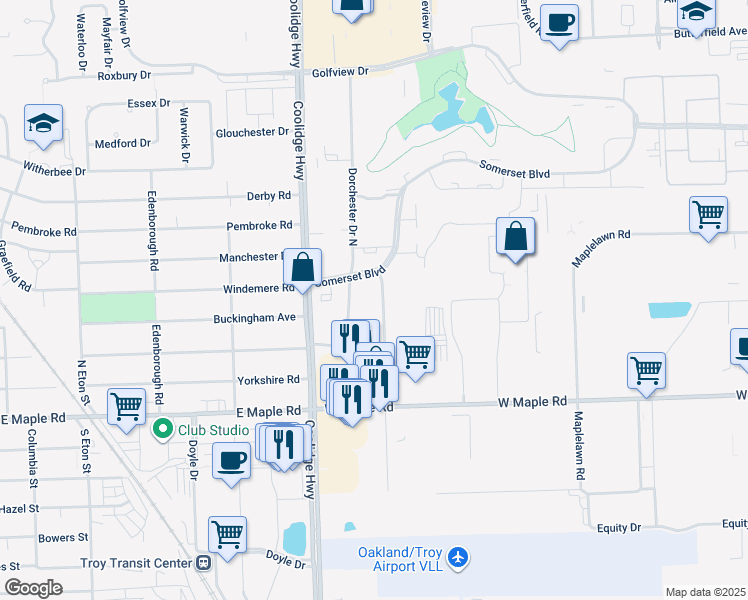 map of restaurants, bars, coffee shops, grocery stores, and more near 1918 Dorchester Drive North in Troy