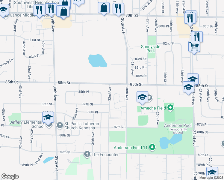 map of restaurants, bars, coffee shops, grocery stores, and more near 8515 32nd Avenue in Kenosha