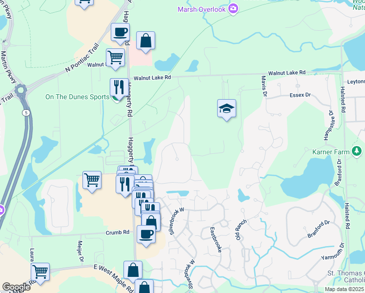 map of restaurants, bars, coffee shops, grocery stores, and more near 5801 Arimoore Drive in West Bloomfield Township