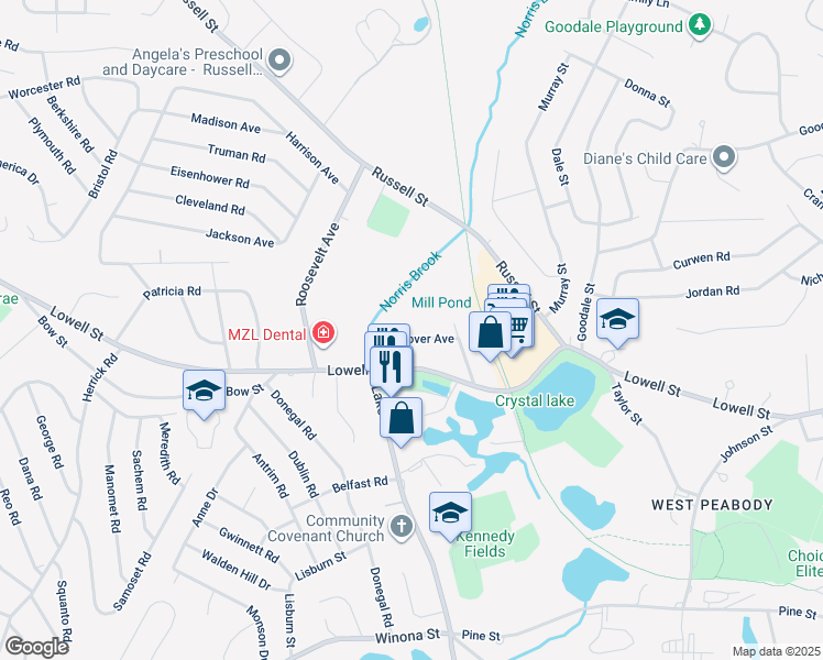 map of restaurants, bars, coffee shops, grocery stores, and more near 5 Hoover Avenue in Peabody