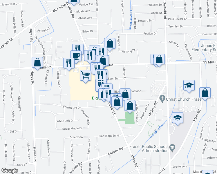 map of restaurants, bars, coffee shops, grocery stores, and more near 34620 Utica Road in Fraser