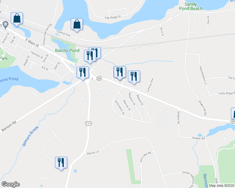 map of restaurants, bars, coffee shops, grocery stores, and more near 28 Willard Street in Ayer