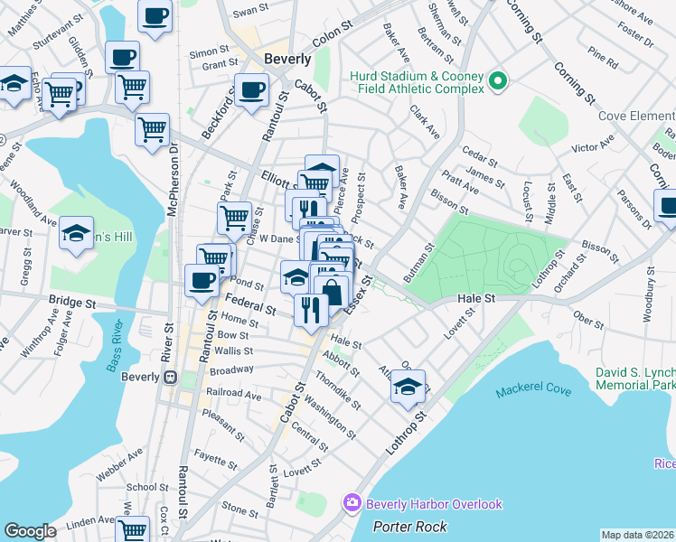 map of restaurants, bars, coffee shops, grocery stores, and more near 3 Knowlton Street in Beverly
