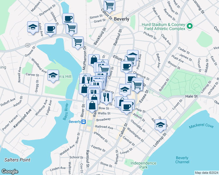 map of restaurants, bars, coffee shops, grocery stores, and more near 46 Pond Street in Beverly