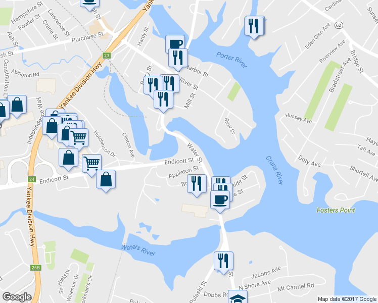 map of restaurants, bars, coffee shops, grocery stores, and more near 1 Endicott Street in Danvers