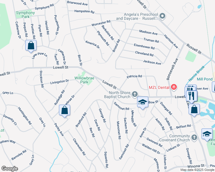 map of restaurants, bars, coffee shops, grocery stores, and more near 25 Bow Street in Peabody