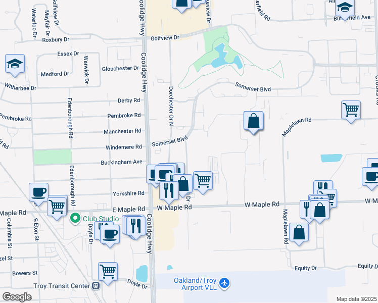 map of restaurants, bars, coffee shops, grocery stores, and more near 1968 Axtell Drive in Troy