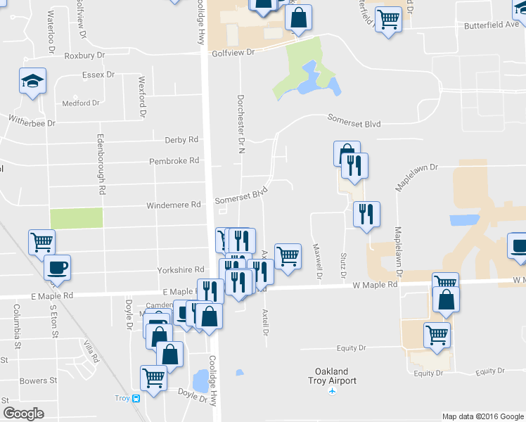 map of restaurants, bars, coffee shops, grocery stores, and more near 1980 Axtell Drive in Troy