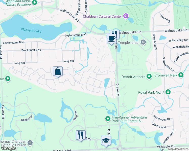 map of restaurants, bars, coffee shops, grocery stores, and more near Innsfield Court in West Bloomfield Township