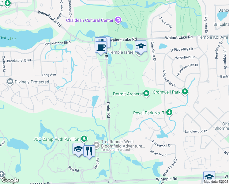 map of restaurants, bars, coffee shops, grocery stores, and more near 5875 Drake Road in West Bloomfield Township