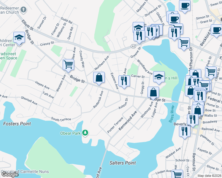 map of restaurants, bars, coffee shops, grocery stores, and more near 5 Hillcrest Avenue in Beverly