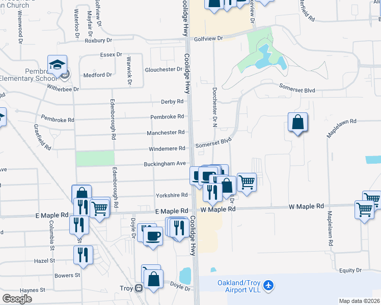 map of restaurants, bars, coffee shops, grocery stores, and more near 1265 Coolidge Road in Birmingham
