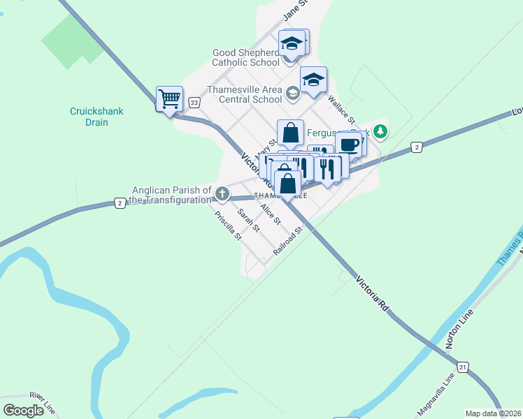 map of restaurants, bars, coffee shops, grocery stores, and more near 21 Alice Street in Chatham-Kent