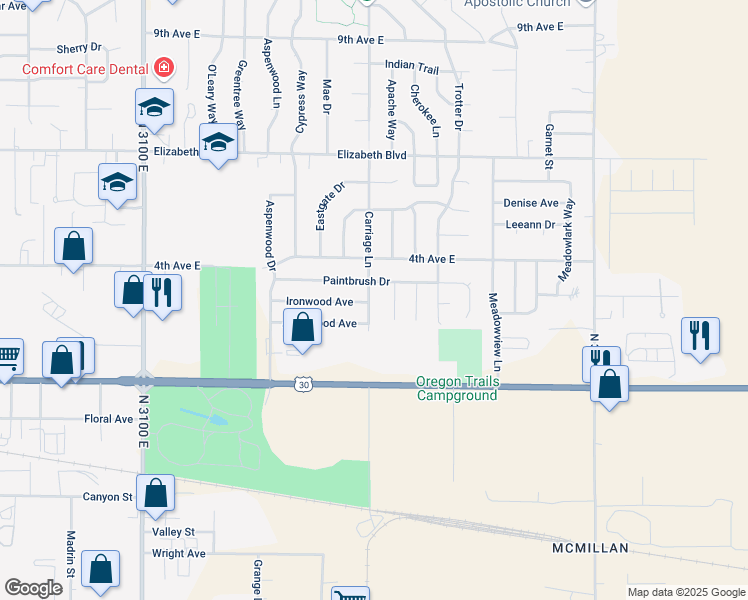 map of restaurants, bars, coffee shops, grocery stores, and more near 238 Carriage Lane in Twin Falls