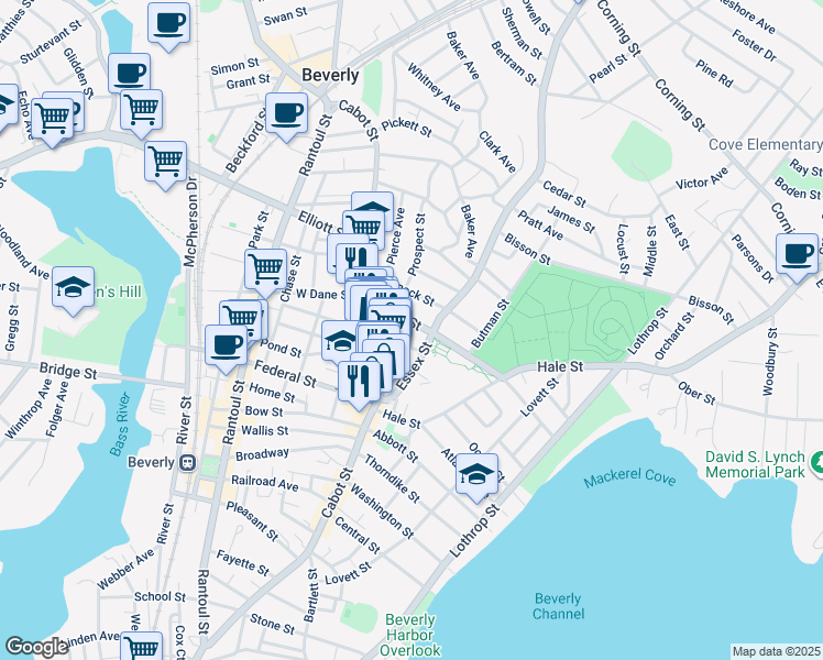 map of restaurants, bars, coffee shops, grocery stores, and more near 26 Essex Street in Beverly