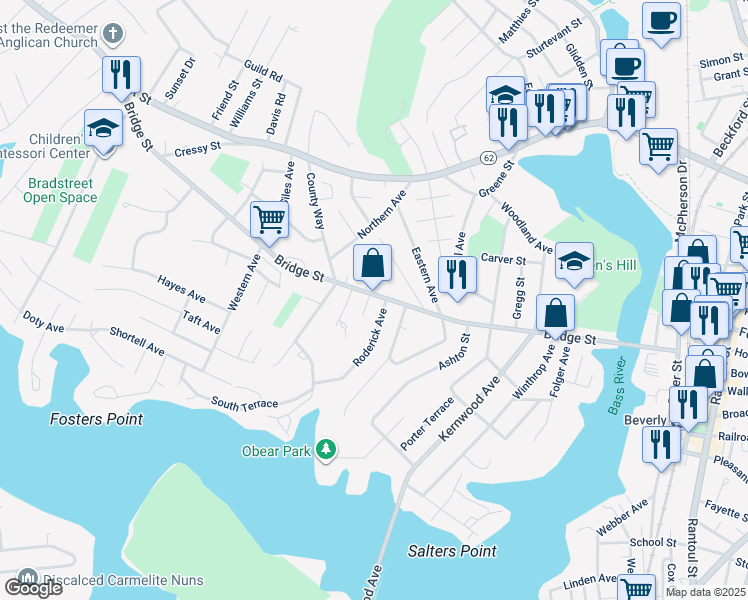map of restaurants, bars, coffee shops, grocery stores, and more near 2 Carleton Avenue in Beverly