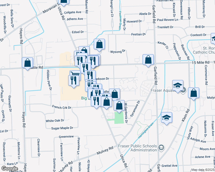map of restaurants, bars, coffee shops, grocery stores, and more near 34631 Mercer Lane in Fraser