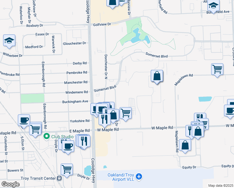 map of restaurants, bars, coffee shops, grocery stores, and more near 1968 Axtell Drive in Troy
