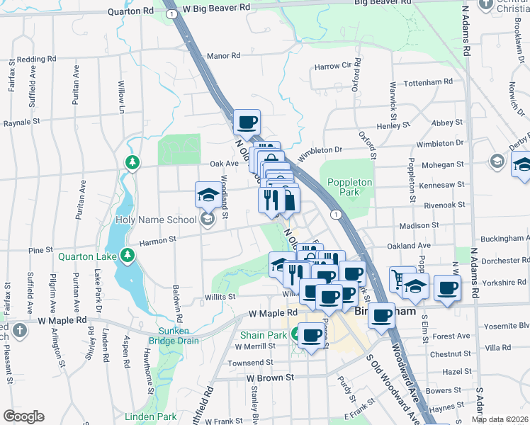 map of restaurants, bars, coffee shops, grocery stores, and more near 280 Harmon Street in Birmingham