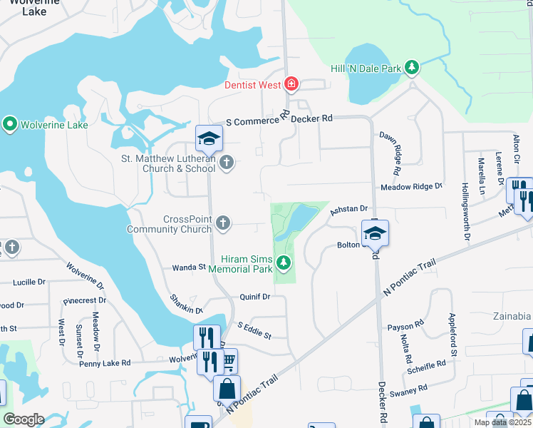 map of restaurants, bars, coffee shops, grocery stores, and more near 1248 Wabasso Street in Walled Lake