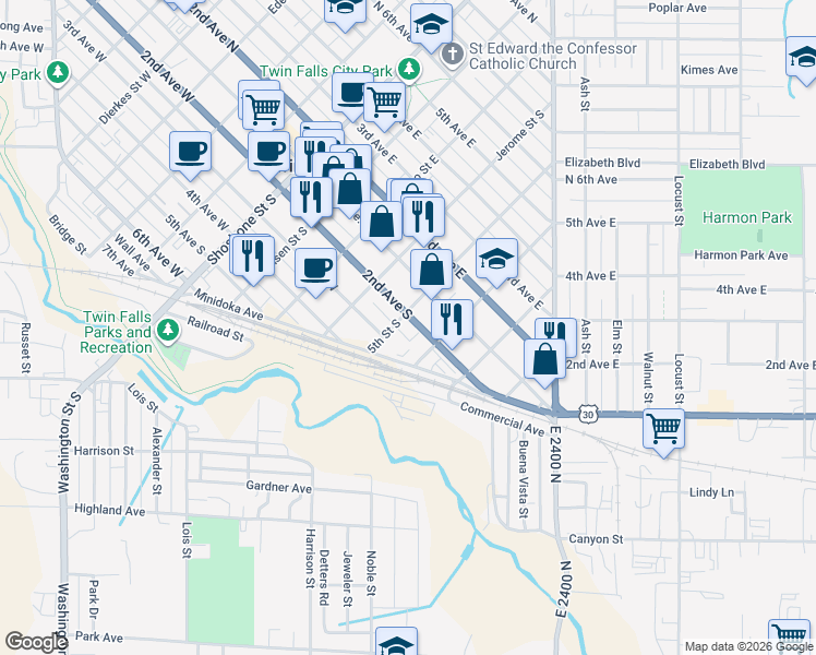 map of restaurants, bars, coffee shops, grocery stores, and more near 513 Minidoka Ave in Twin Falls