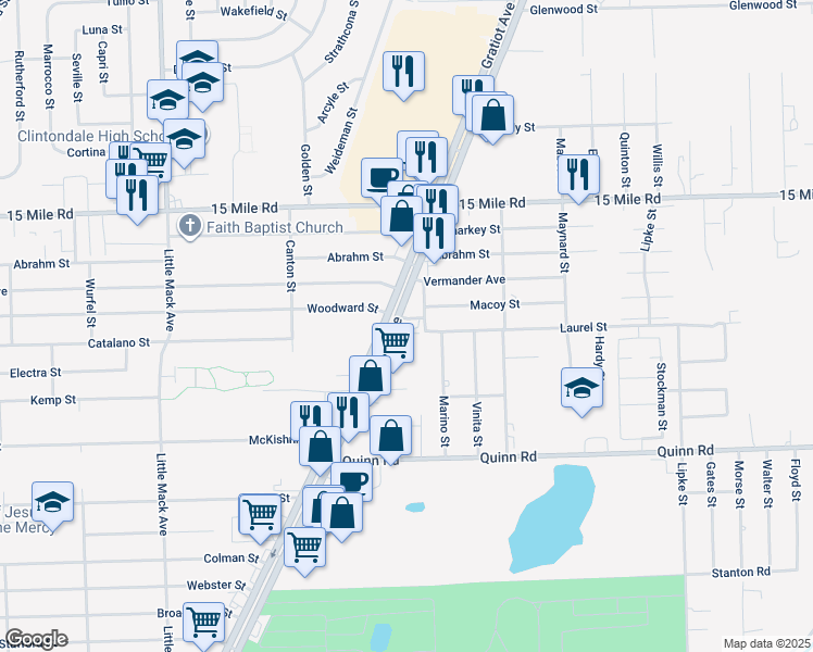 map of restaurants, bars, coffee shops, grocery stores, and more near 34410 South Gratiot Avenue in Clinton Township