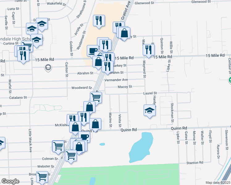 map of restaurants, bars, coffee shops, grocery stores, and more near 34400 Marino Street in Clinton Township