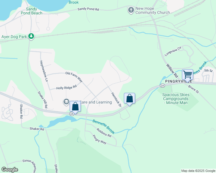 map of restaurants, bars, coffee shops, grocery stores, and more near 92 Hemlock Drive in Ayer