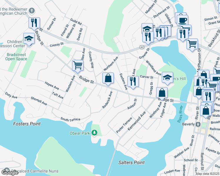 map of restaurants, bars, coffee shops, grocery stores, and more near 113 Bridge Street in Beverly