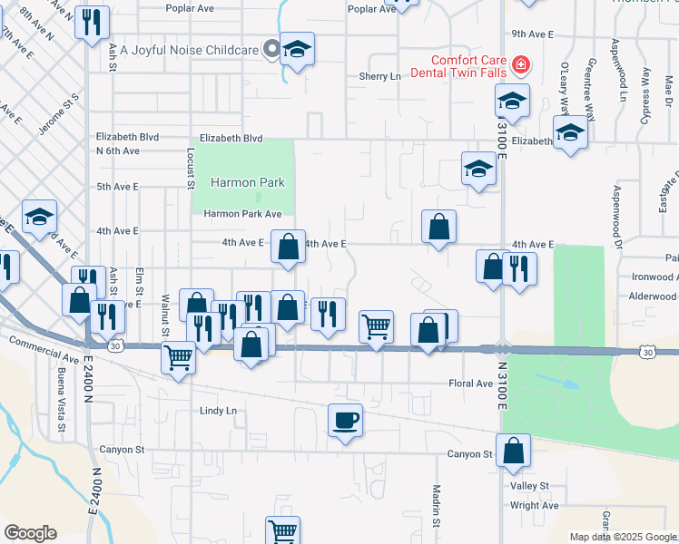 map of restaurants, bars, coffee shops, grocery stores, and more near 227 Morningside Drive in Twin Falls