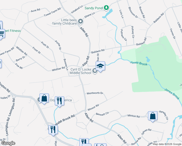 map of restaurants, bars, coffee shops, grocery stores, and more near 128 Allen Road in Billerica