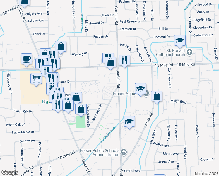 map of restaurants, bars, coffee shops, grocery stores, and more near 34635 Mulvey Road in Fraser