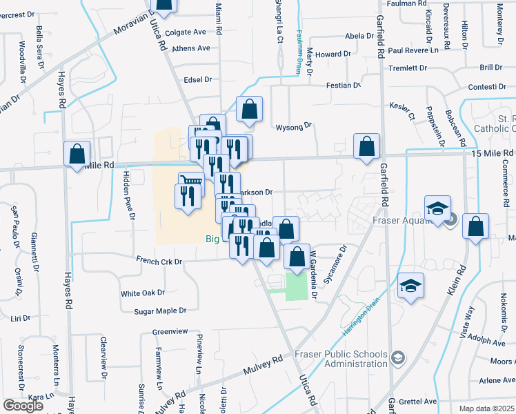 map of restaurants, bars, coffee shops, grocery stores, and more near 34631 Mercer Lane in Fraser
