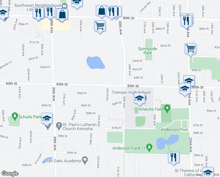 map of restaurants, bars, coffee shops, grocery stores, and more near 8527 32nd Avenue in Kenosha