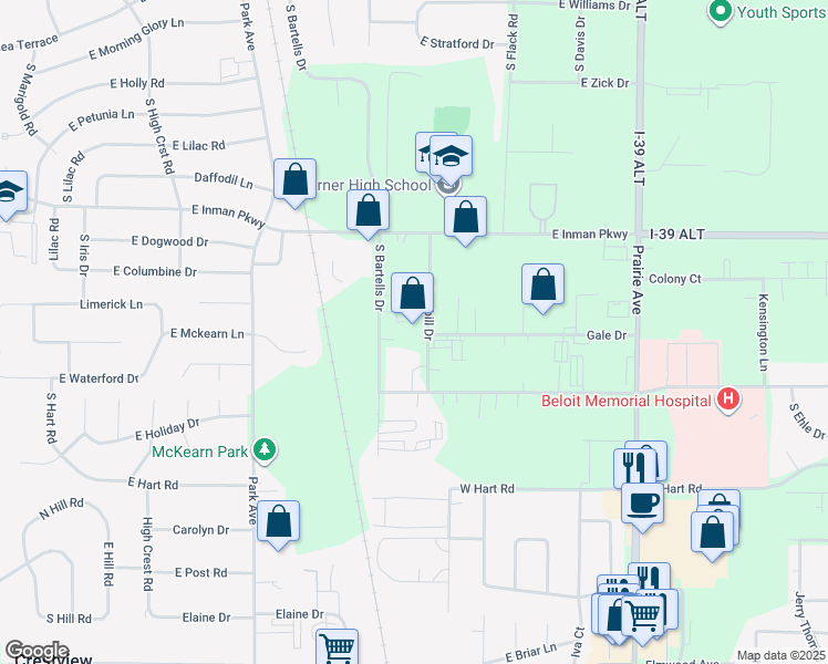 map of restaurants, bars, coffee shops, grocery stores, and more near 2820 Graybill Drive in Beloit