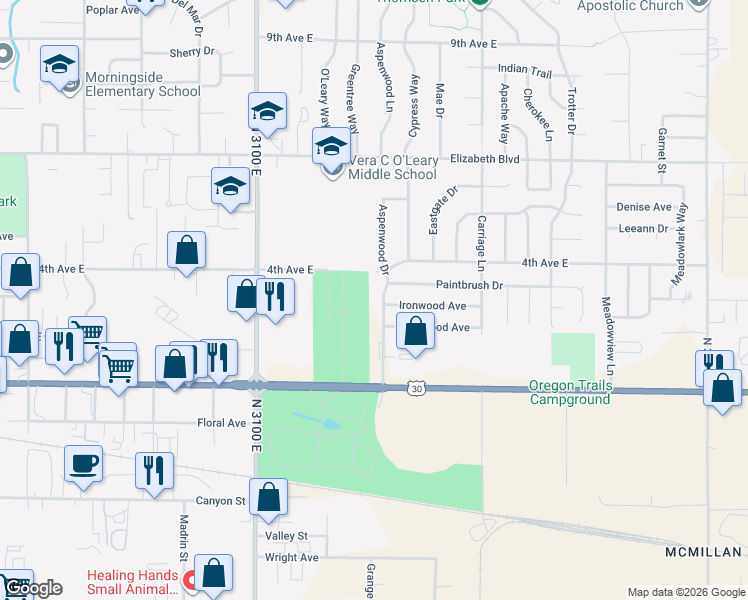 map of restaurants, bars, coffee shops, grocery stores, and more near 2429 Alderwood Avenue in Twin Falls