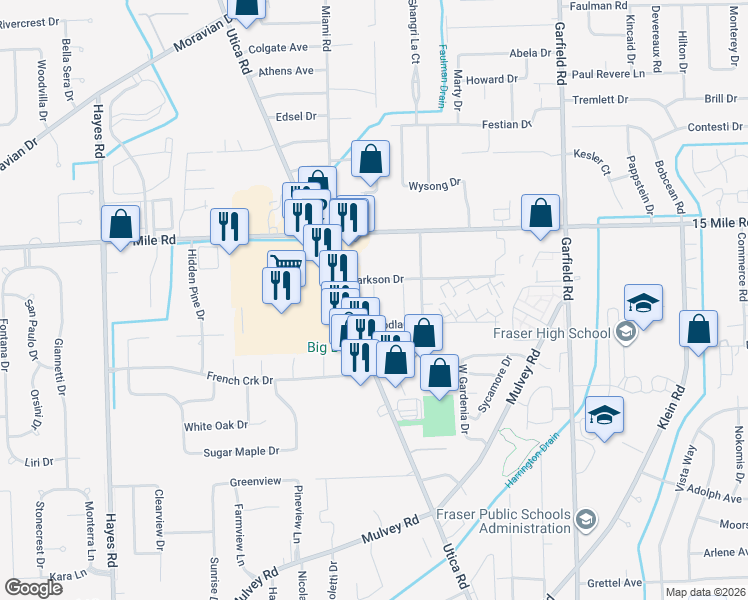 map of restaurants, bars, coffee shops, grocery stores, and more near 34670 Clarkson Drive West in Fraser