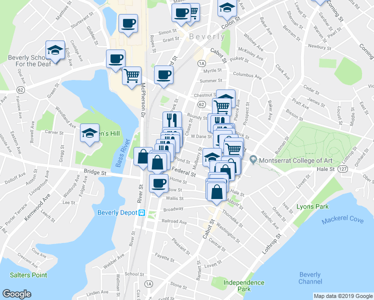 map of restaurants, bars, coffee shops, grocery stores, and more near 33 Arthur Street in Beverly