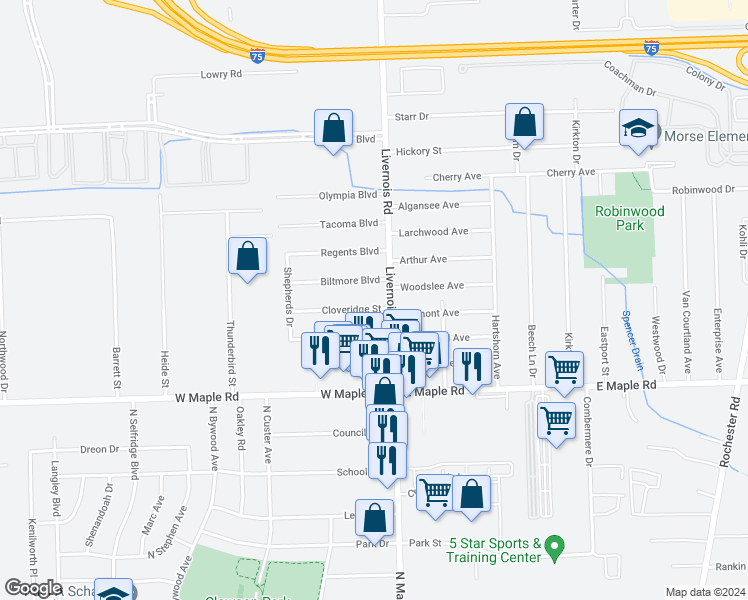 map of restaurants, bars, coffee shops, grocery stores, and more near 32 Cloveridge Drive in Troy