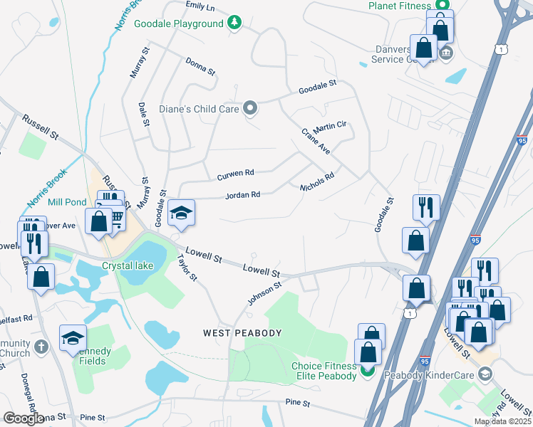 map of restaurants, bars, coffee shops, grocery stores, and more near 11 Leblanc Drive in Peabody