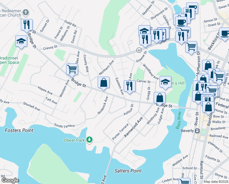 map of restaurants, bars, coffee shops, grocery stores, and more near 54 Hillside Avenue in Beverly