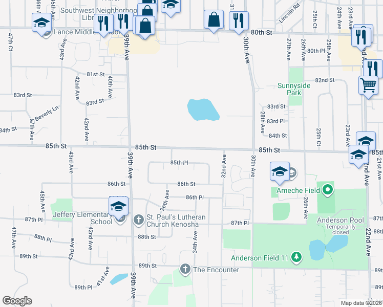 map of restaurants, bars, coffee shops, grocery stores, and more near 3323 85th Street in Kenosha