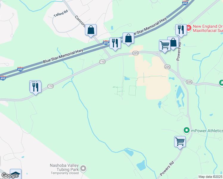 map of restaurants, bars, coffee shops, grocery stores, and more near 1 Robbins Road in Westford