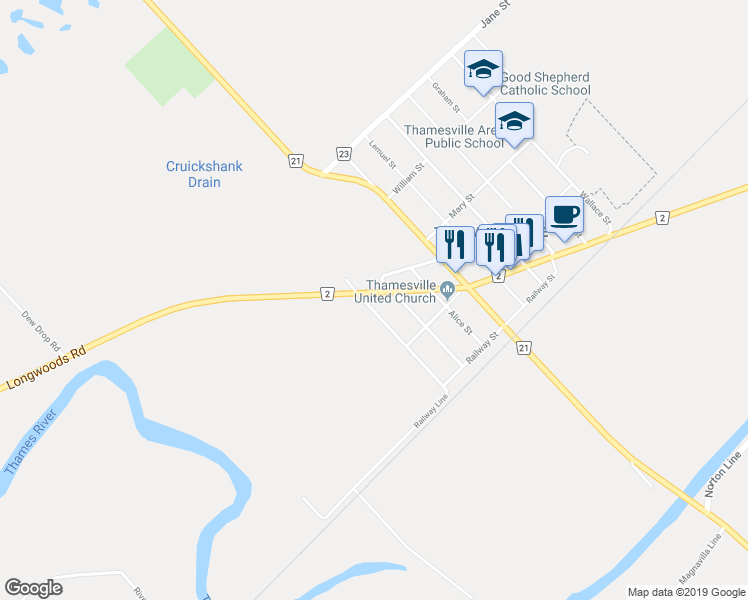 map of restaurants, bars, coffee shops, grocery stores, and more near 132 Sherman Street in Thamesville