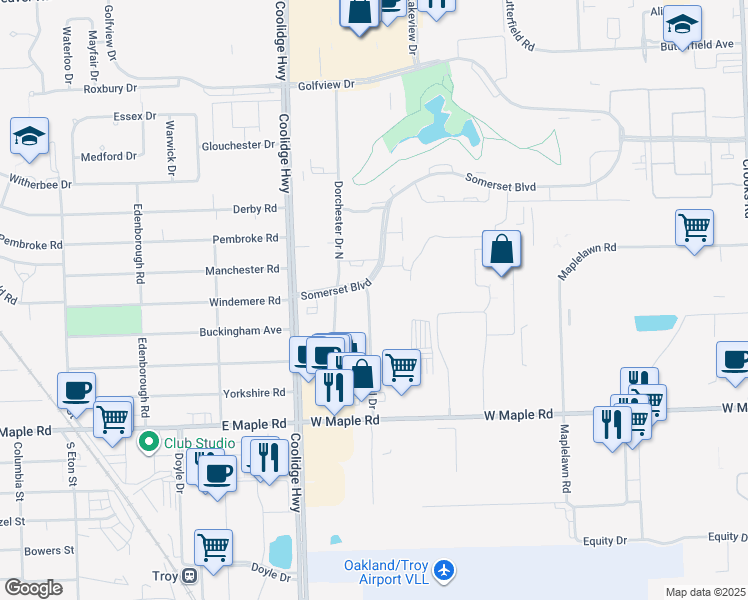 map of restaurants, bars, coffee shops, grocery stores, and more near 2775 Somerset Boulevard in Troy