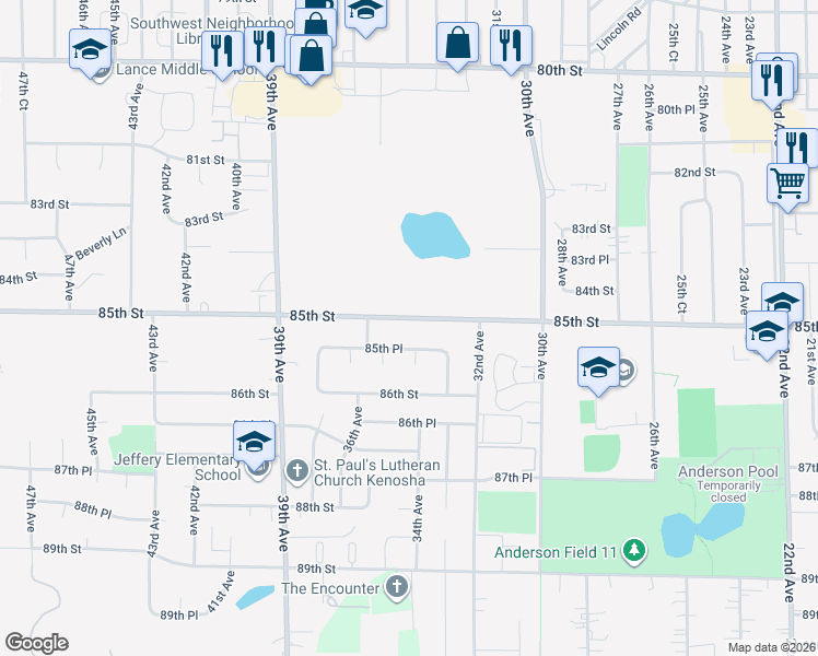 map of restaurants, bars, coffee shops, grocery stores, and more near 3323 85th Street in Kenosha