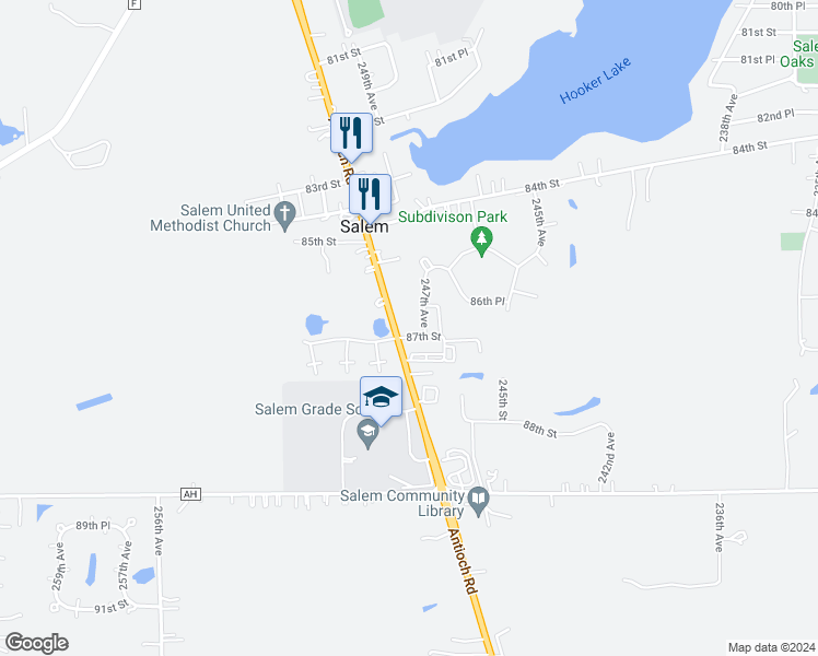 map of restaurants, bars, coffee shops, grocery stores, and more near 24700 87th Street in Salem